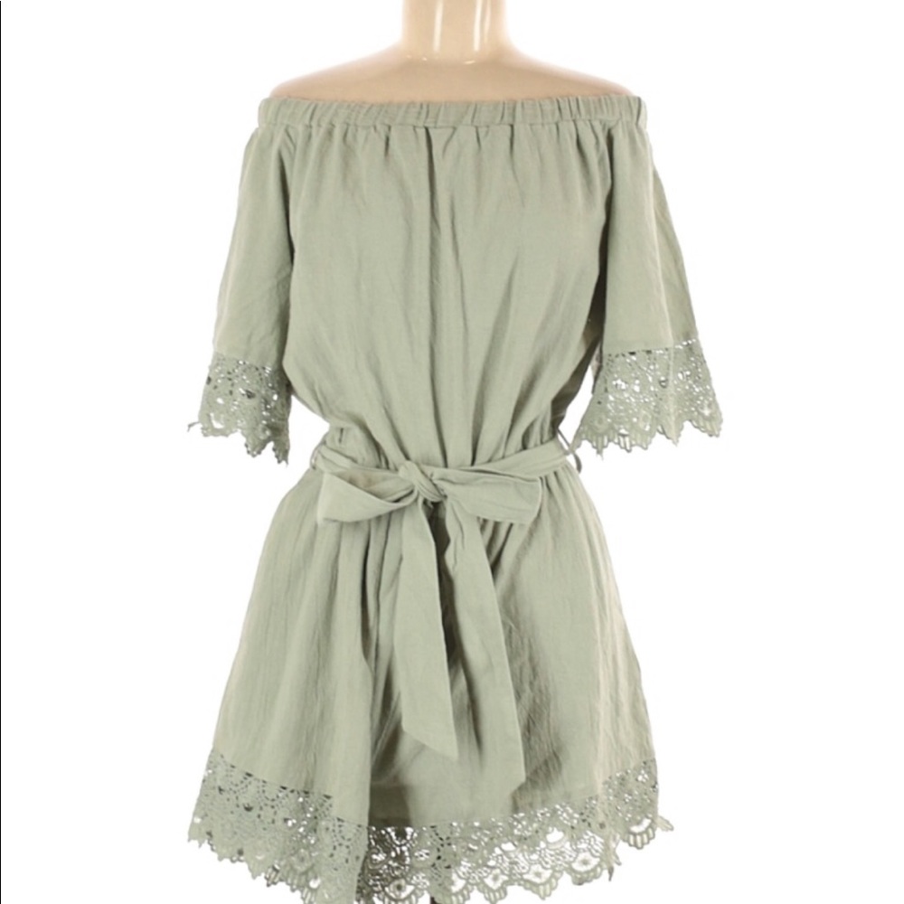 Green lace romper off/on the shoulder